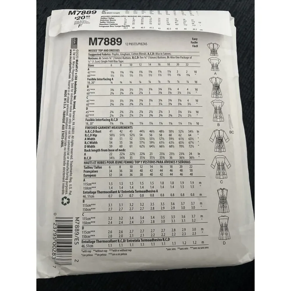 McCall's M7889 Women's Top And Dresses Sewing Pattern, Sz 14-22
